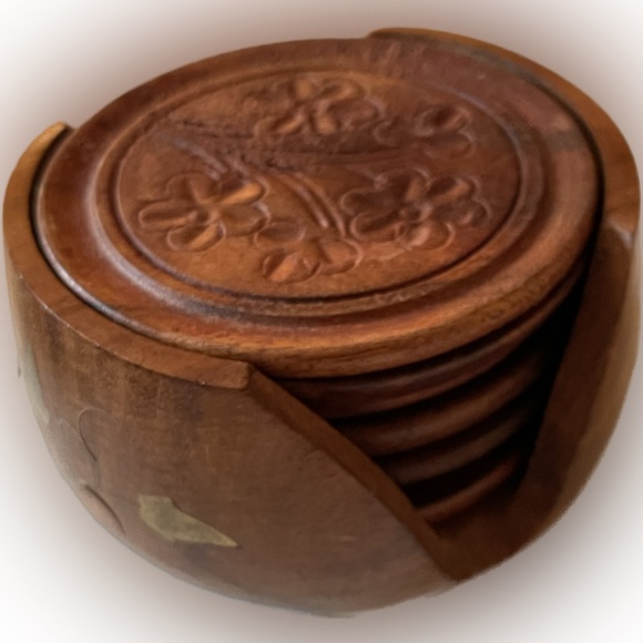 Antique Handmade Wooden Coaster Set Beautiful India Made Hand Carved Designs - Picture 2 of 12